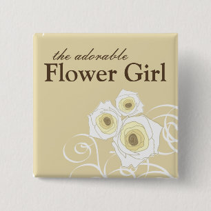 Cream Rozen and Swirls Bloemenmeisje Wedding Butto Vierkante Button 5,1 Cm