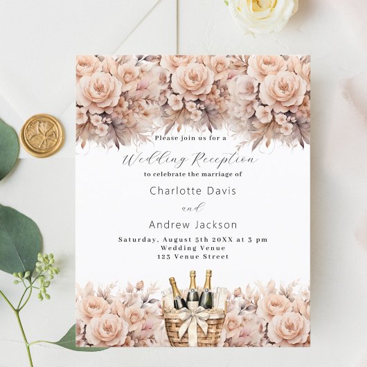 Cream rozen boho bruiloft receptie uitnodiging