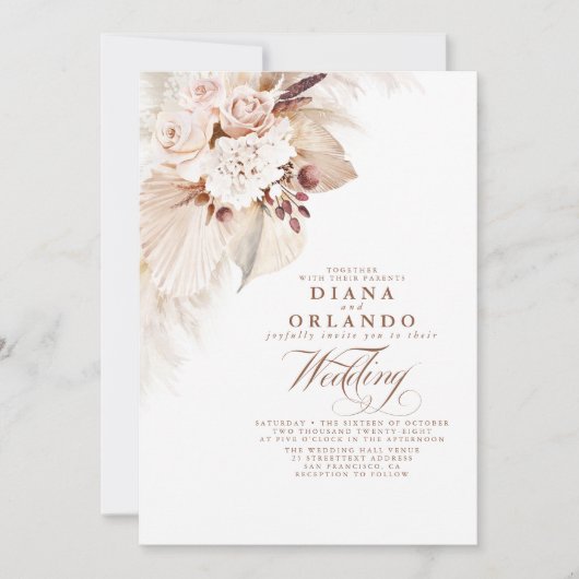 Cream Rozen Botanical Pampas Grass Boho Wedding Kaart (Voorkant)