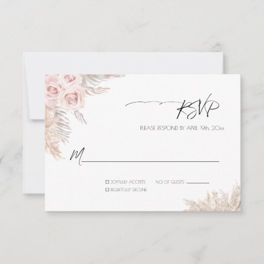 Cream Rozen Botanical Pampas Grass Boho Wedding RSVP Kaartje (Voorkant)