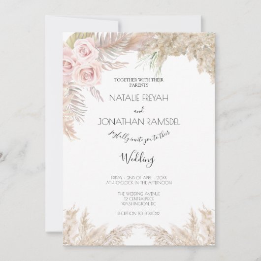 Cream Rozen Pampas Grass Boho bruiloft uitnodiging (Voorkant)