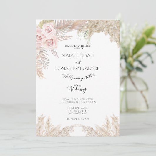 Cream Rozen Pampas Grass Boho bruiloft uitnodiging (Staand voorkant)