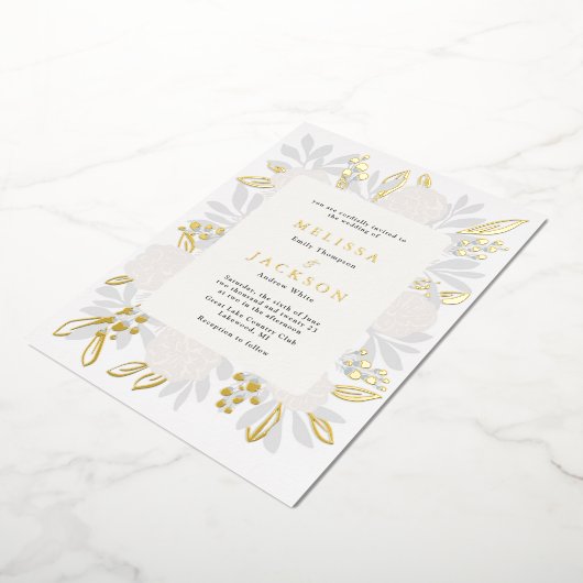 Cream Rozen Wedding Folie Uitnodiging (Gedraaid)
