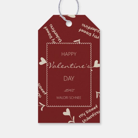 Cream Script Hearts on Burgundy– Valentine pattern Cadeaulabel (Achterkant)
