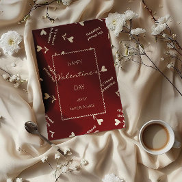 Cream Script Hearts on Burgundy– Valentine pattern Feestdagenkaart