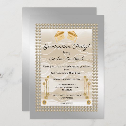 Cream Silk en Parels Afstuderen zilvermetaal Kaart (Voorkant / Achterkant)