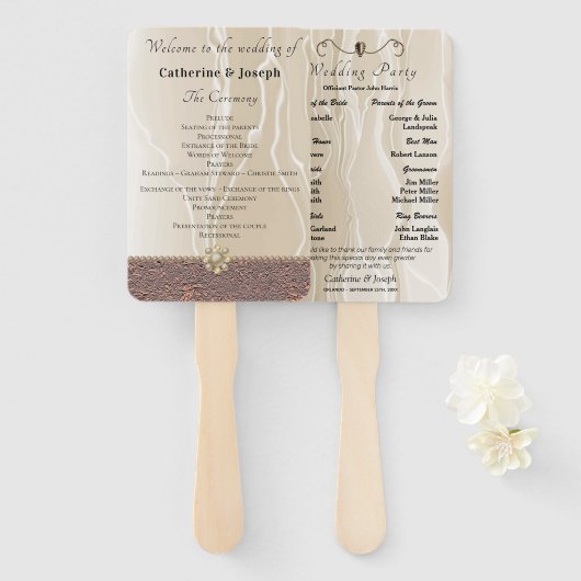 Cream Silk en parels met het joodse huwelijksprogr Handwaaier (Voorkant en achterkant)