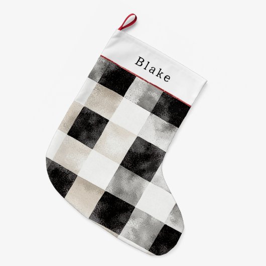 Cream Silver Black White Plaid Stripes Christmas Grote Kerstsok (Voorkant (Hangend))