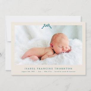 Cream Simple Blue Bow Foto baby Geboorte Aankondiging