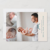 Cream Simple Blue Bow Foto baby Geboorte Aankondiging (Achterkant)