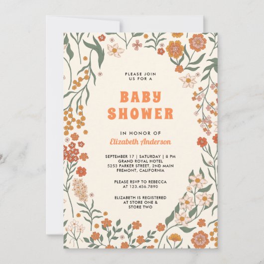 Cream Sinaasappel Groovy Wildflower Baby shower Kaart (Voorkant)