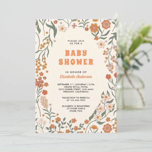 Cream Sinaasappel Groovy Wildflower Baby shower Kaart (Staand voorkant)