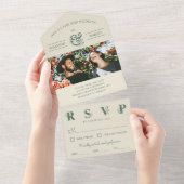 Cream Slate Green Floral Ampersand Photo Wedding All In One Uitnodiging (Afscheurbaar)