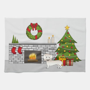 Cream Smooth Coat Dachshund in Kerstmis Kamer Theedoek
