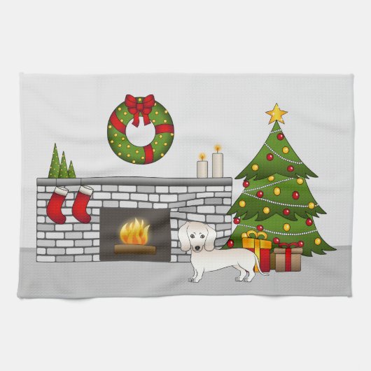 Cream Smooth Coat Dachshund in Kerstmis Kamer Theedoek (Horizontaal)
