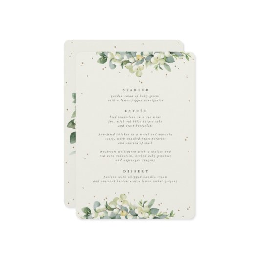 Cream Snowberry + Eucalyptus 3 gangen bruiloft Menu (Voorkant / Achterkant in situ)