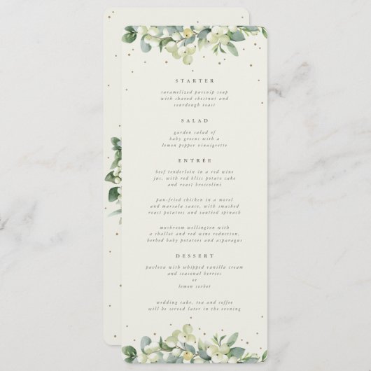 Cream Snowberry+Eucalyptus 4 gangen Bruiloft Flat Menu (Voorkant / Achterkant)