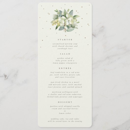 Cream Snowberry+Eucalyptus 4 gangen Bruiloft Flat Menu (Voorkant)