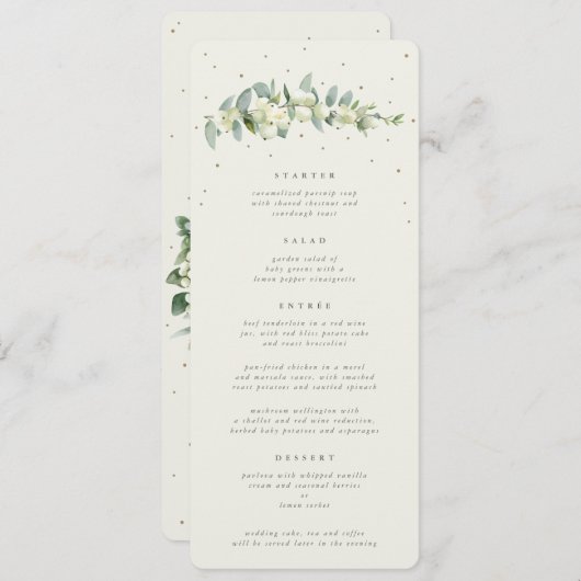 Cream Snowberry+Eucalyptus 4 gangen Bruiloft Flat Menu (Voorkant / Achterkant)