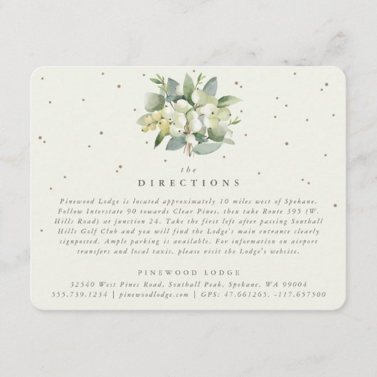 Cream Snowberry+Eucalyptus Boeket Routebeschrijvin Informatiekaartje (Voorkant)