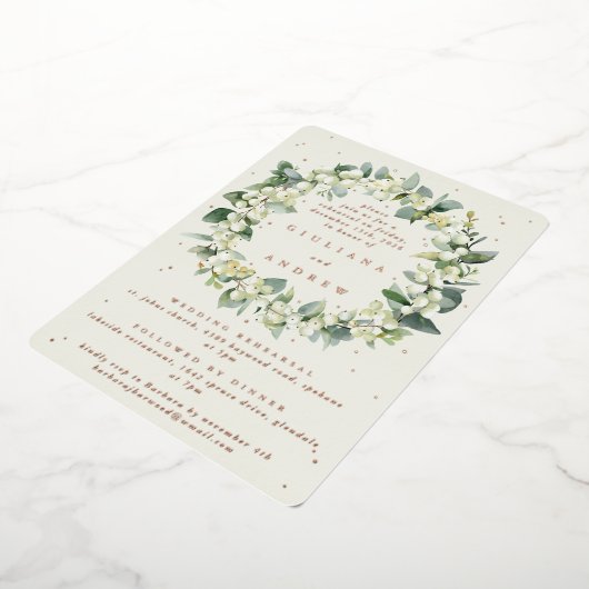 Cream Snowberry + Eucalyptus bruiloft repetitie Folie Uitnodiging (Gedraaid)