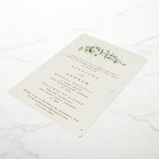 Cream Snowberry + Eucalyptus bruiloft repetitie Folie Uitnodiging (Gedraaid)