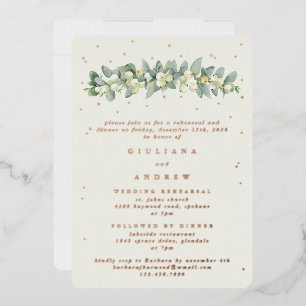 Cream Snowberry + Eucalyptus bruiloft repetitie Folie Uitnodiging