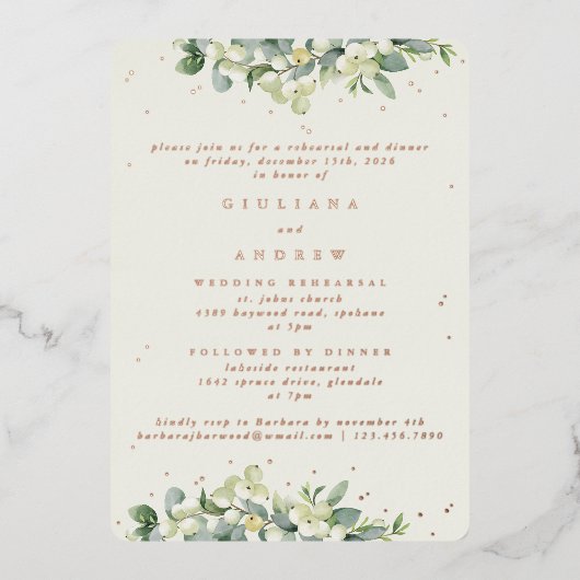 Cream Snowberry + Eucalyptus bruiloft repetitie Folie Uitnodiging (Voorkant)