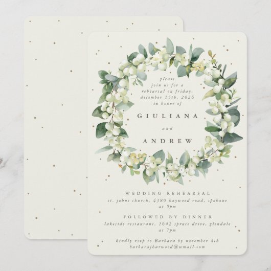 Cream Snowberry + Eucalyptus bruiloft repetitie Kaart (Voorkant / Achterkant)