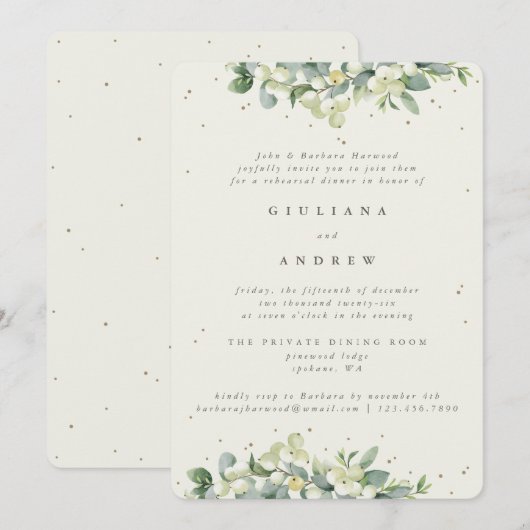 Cream Snowberry + Eucalyptus bruiloft repetitie Kaart (Voorkant / Achterkant)