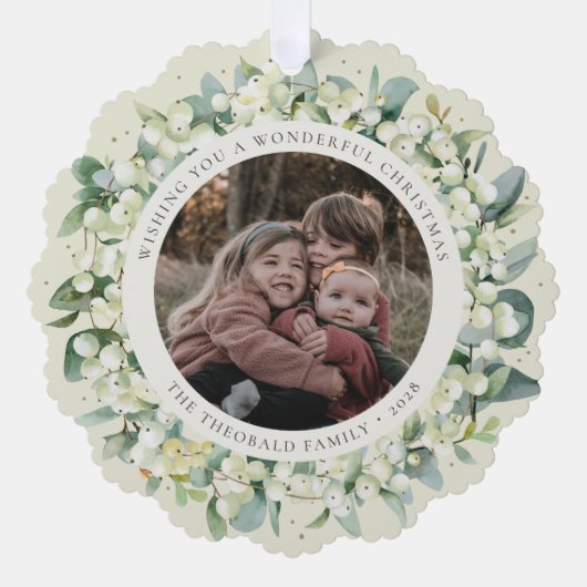 Cream Snowberry+Eucalyptus Christmas Wreath Photo  Ornament Kaart (Voorkant)