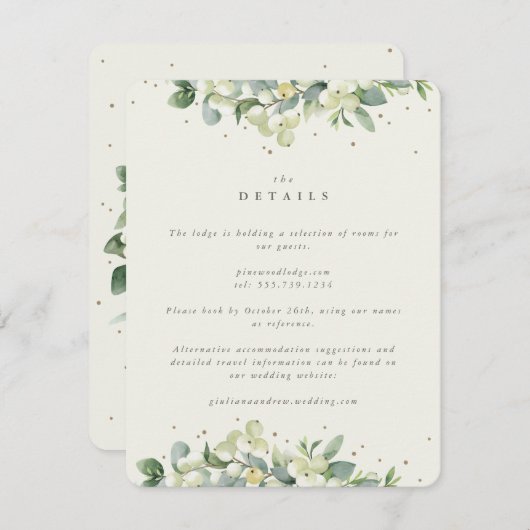 Cream Snowberry + Eucalyptus Edged bruiloft detail Informatiekaartje (Voorkant / Achterkant)