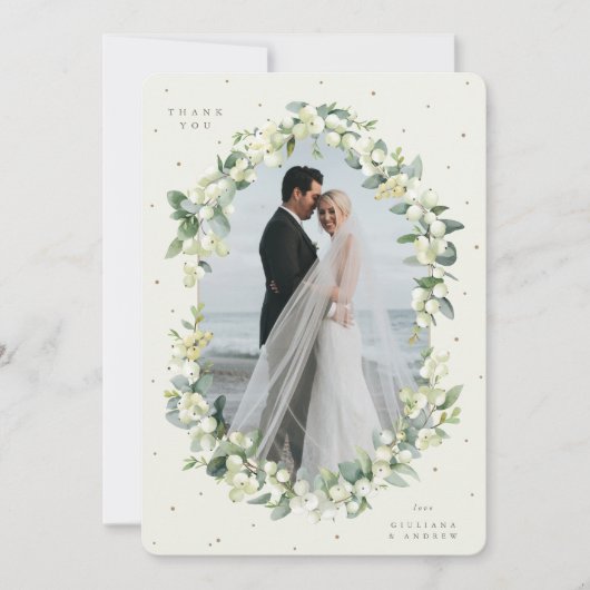 Cream Snowberry + Eucalyptus trouwfoto Bedankkaart (Voorkant)