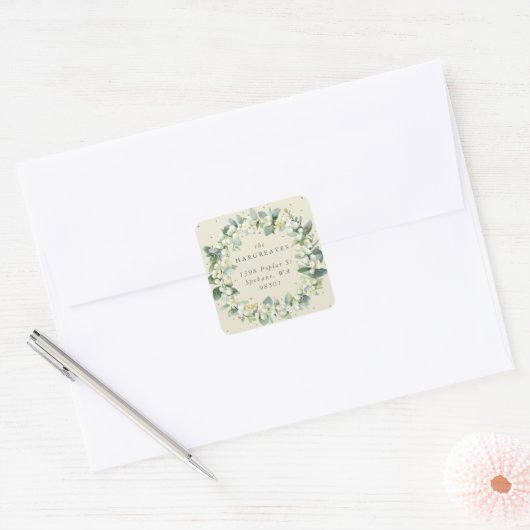 Cream Snowberry+Eucalyptus Vakantiekransadres Vierkante Sticker (Envelop)