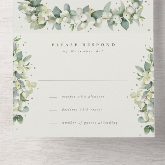 Cream Snowberry + Eucalyptus Winterontvangst Allee All In One Uitnodiging (Binnenkant onderkant)