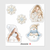 Cream Snowflakes Blue Christmas Girl Snowman Dog Sticker (Vel)