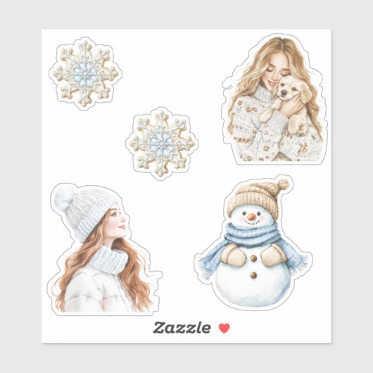 Cream Snowflakes Blue Christmas Girl Snowman Dog Sticker (Vel)