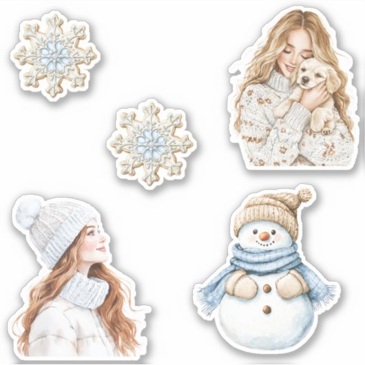 Cream Snowflakes Blue Christmas Girl Snowman Dog Sticker (Voorkant)