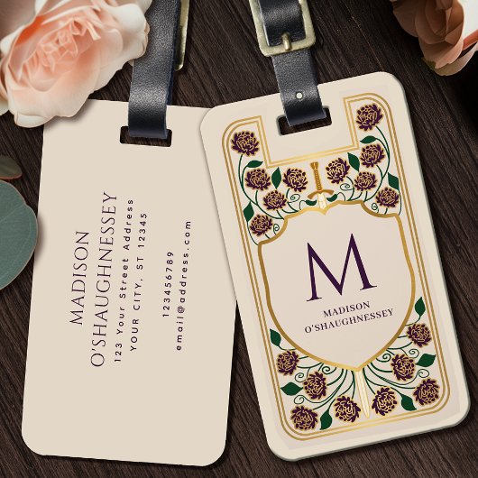 Cream Sword Shield Middeleeuwse Fantasy Monogram Bagagelabel