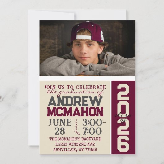 Cream Tan & Bourgondië Afstuderen Fotouitnodiging Kaart (Voorkant)
