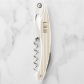 Cream Tan Stripe Vintage Tiny Initials Monogram Kurkentrekker (Voorkant)