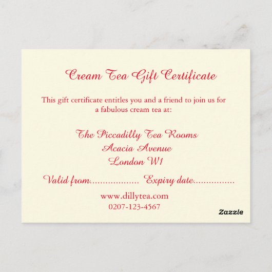 Cream Tea Cadeaubon Briefkaart (Achterkant)