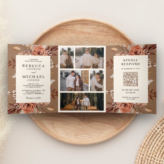 Cream Terracotta Floral QR Code Beige Tan Wedding Drieluik Uitnodiging