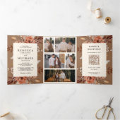 Cream Terracotta Floral QR Code Beige Tan Wedding Drieluik Uitnodiging (Binnen)