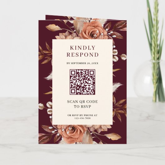 Cream Terracotta Floral QR Code Burgundy Wedding (Achterkant)