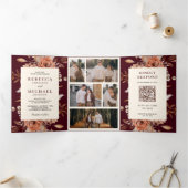 Cream Terracotta Floral QR Code Burgundy Wedding Drieluik Uitnodiging (Binnen)