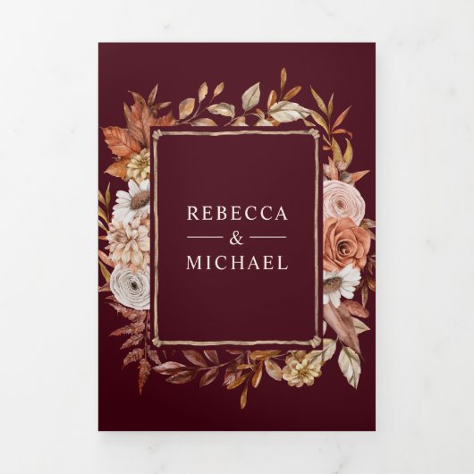 Cream Terracotta Floral QR Code Burgundy Wedding Drieluik Uitnodiging (Cover)