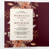 Cream Terracotta Floral QR Code Burgundy Wedding Drieluik Uitnodiging (Binnenzijde eerst)