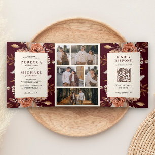 Cream Terracotta Floral QR Code Burgundy Wedding Drieluik Uitnodiging