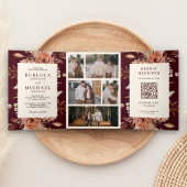Cream Terracotta Floral QR Code Burgundy Wedding Drieluik Uitnodiging